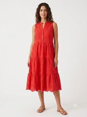 Civico 51 Mini Dress Womens Small Red Eyelet Broderie Anglaise Tiered Sleeveless